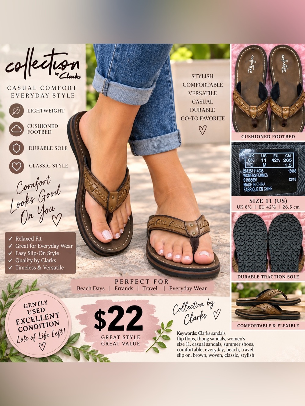 Clarks Brown Braided Leather Thong Sandals